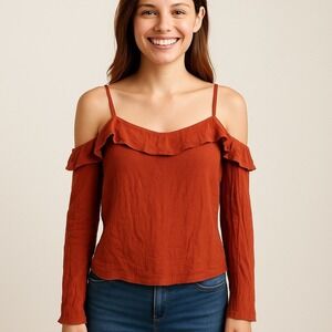 Mossimo Cold Shoulder Ruffle Top Burnt Orange Red XS Rayon Long Sleeve Loose Fit